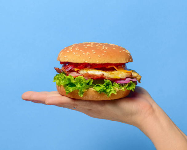 Homemade beef grilled hamburger in a hand over bright blue background. Copy space banner. Junk food, fast food concept. - 写真・画像