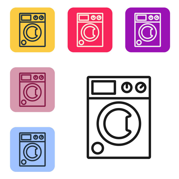 Musta viiva Pesimen kuvake eristetty valkoisella taustalla. Pesukone-ikoni. Vaatteiden pesukone - pesukone. Kodinkone symboli. Aseta kuvakkeet värillisiin neliön painikkeisiin. Vektori. - Vektori, kuva