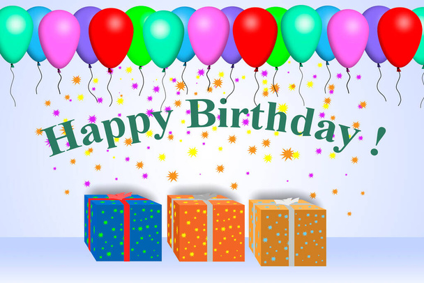 Syntymäpäiväkortti. Merkintä Hyvää syntymäpäivää, lahjapakkauksia ja värikkäitä ilmapalloja - Valokuva, kuva