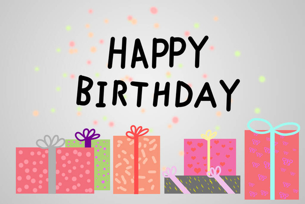 Happy birthday, greeting card, gift boxes and colorful confetti. - Photo, Image