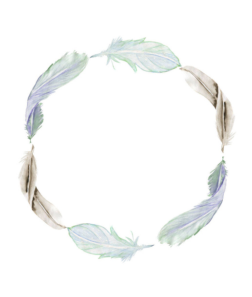 Watercolor wreath of feathers. Hand-drawn boho. printing for wedding card, invitation, poster, packaging, Wallpaper, fabric - 写真・画像