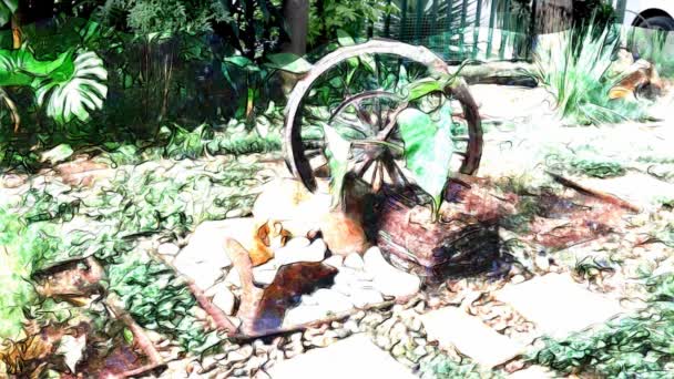 Decoraciones de obras de arte de jardín creadas a partir de objetos de metal oxidados antiguos o antiguos convertidos en pinturas todavía vivas.   - Metraje, vídeo