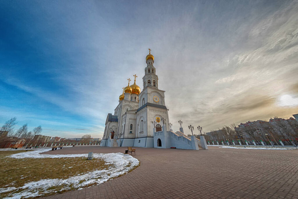 Gold domes of the Russian Orthodox Church. Savior Transfiguration Cathedral. Russia. Abakan - Photo, Image