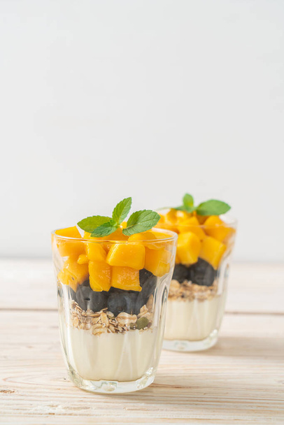 homemade fresh mango and fresh blueberry with yogurt and granola - healthy food style - Foto, immagini