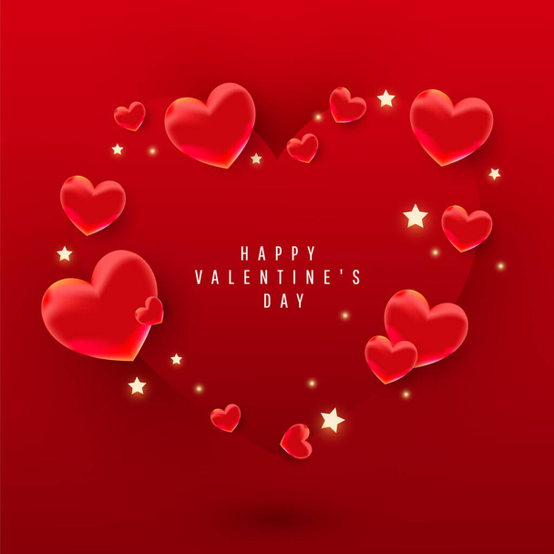 Happy Valentine Day Banner. Helles Herz Luftformen, Sterne Dekor auf rotem Hintergrund mit Rabatttext. Trendiges Banner zum Valentinstag - Vektor, Bild