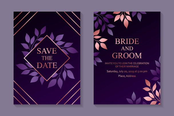 Floral wedding invitation design or greeting card templates with rose gold branches and leaves on a purple background. - Vector, Image