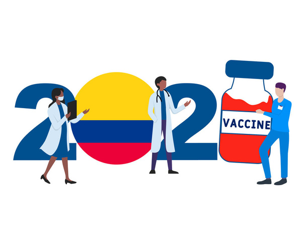 Jahr 2021. Covid-19 Impfstoff mit kolumbianischer Flagge und Ärzten auf weißem Hintergrund. Kolumbien-Karte zum Thema Bekämpfung der COVID-19-Epidemie mit der Hoffnung auf einen Impfstoff bis 2021 - Vektor, Bild