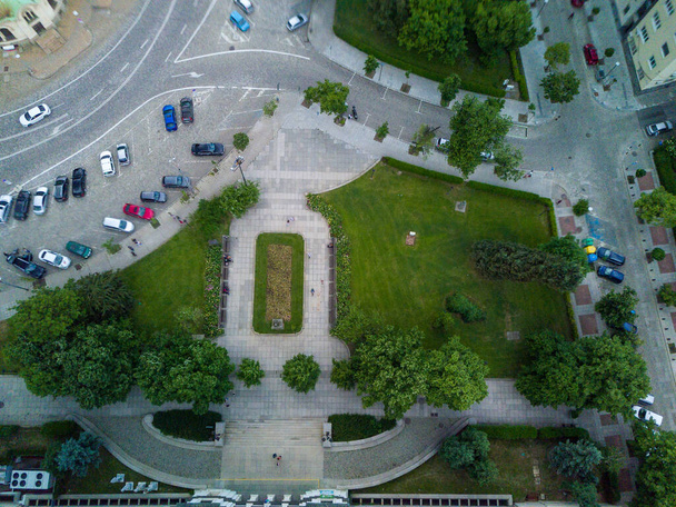An aerial shot of the buildings around a town square - Fotoğraf, Görsel
