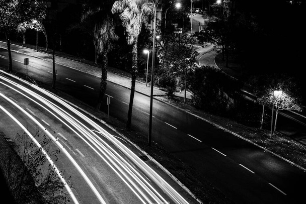 A grayscale shot of an empty road during the night - Fotografie, Obrázek