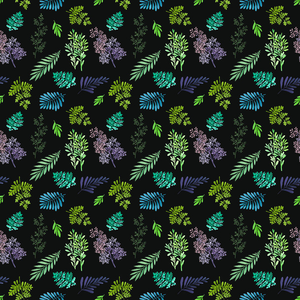 Acuarela de una planta verde sobre un fondo negro. Textura perfecta con hojas de helecho del bosque y otras hierbas silvestres - Foto, Imagen
