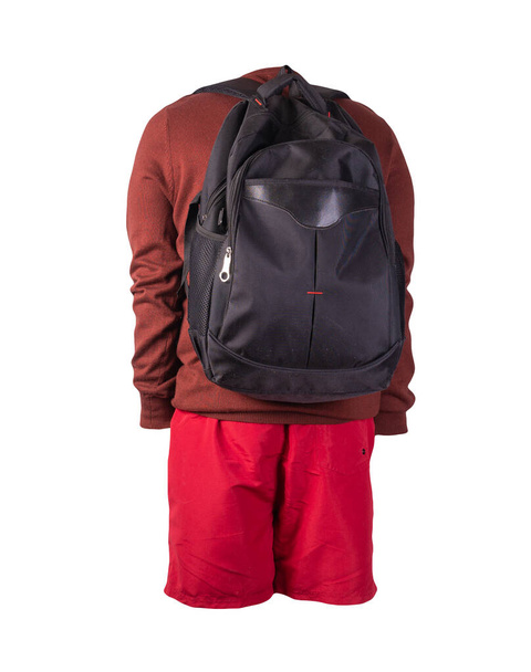 black backpack,red shorts,dark red sweater isolated on white background. casual wear - Photo, image