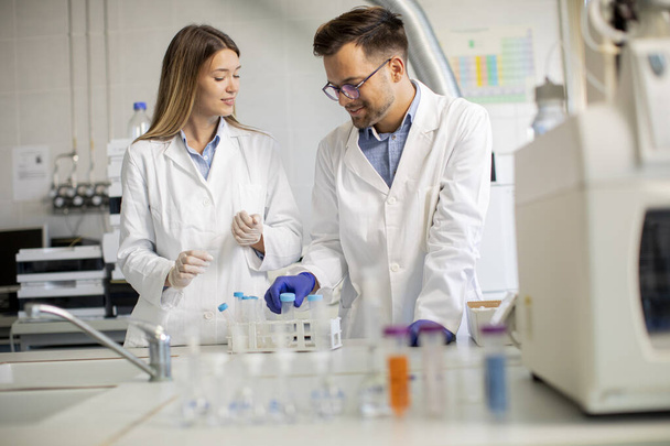 Νέοι ερευνητές που αναλύουν χημικά δεδομένα στο εργαστήριο - Φωτογραφία, εικόνα