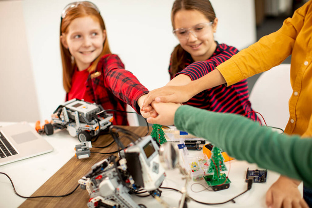 Robot sınıfında elektrikli oyuncak ve robot programlayan bir grup mutlu çocuk. - Fotoğraf, Görsel