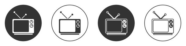 Черная иконка телевизора Retro выделена на белом фоне. Телевизионный знак. Круглая кнопка. Векторная миграция. - Вектор,изображение