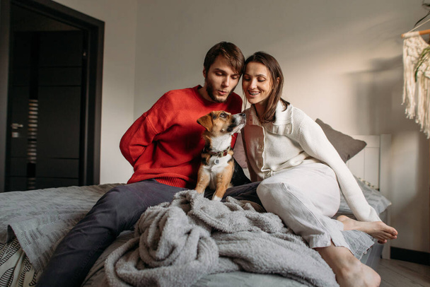 happy couple in love with a beagle dog sitting on the bed - Фото, изображение