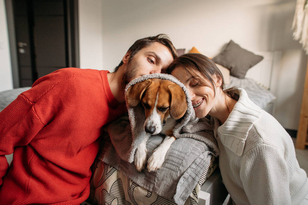 happy couple in love with a beagle dog sitting on the bed - Foto, Bild