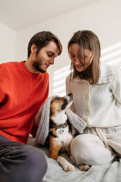 happy couple in love with a beagle dog sitting on the bed - Foto, Imagem