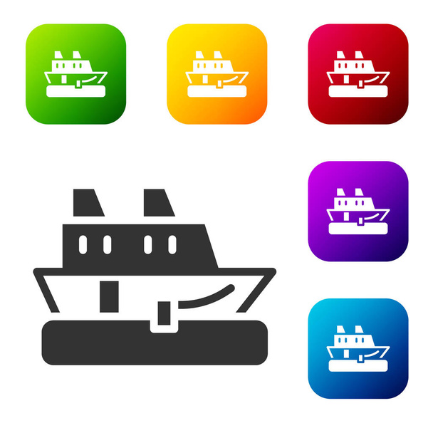 Black Cruise ship icon isolated on white background. Travel tourism nautical transport. Voyage passenger ship, cruise liner. Worldwide cruise. Set icons in color square buttons. Vector. - Vector, Image