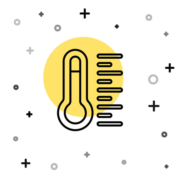 Fekete vonal Meteorológiai hőmérő ikon elszigetelt fehér alapon. Hőmérő berendezés, amely meleg vagy hideg időjárást mutat. Véletlenszerű dinamikus formák. Vektor. - Vektor, kép