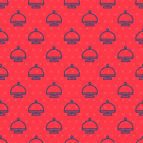 Kırmızı arka planda izole edilmiş bir tepsi yiyecek ikonu ile kaplanmış mavi çizgi. Tepsi ve kapak işareti. Kapaklı bir restoran saati. Vektör. - Vektör, Görsel