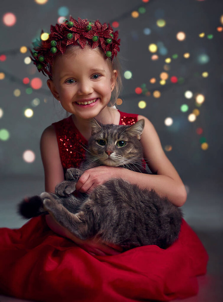 Karácsonyi portré boldog fiatal lány kezében macska. Piros flitteres ruhát és karácsonyi koszorút visel. Szőke haj és kék szem pózol és bolondozik a stúdióban szürke háttér boke fények. - Fotó, kép