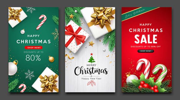 メリークリスマスと幸せな新年販売チラシポスター3つのデザインコレクションの背景、 Eps 10ベクトルイラスト - ベクター画像