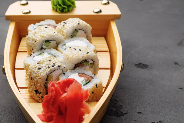 Japanese sushi roll on plate close up - Photo, Image