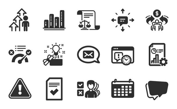 Creative idea, Correct answer and Employee result icons simple set. Report, Speech bubble and Legal documents signs. Project deadline, Opinion and Messenger symbols. Flat icons set. Vector - Vektori, kuva