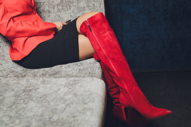 style. fashion. shoes. high womens red boots. beautiful female legs. - Fotó, kép