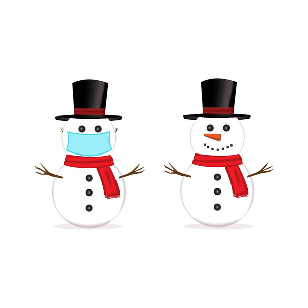 Sneeuwman met een zwarte hoed en een rode sjaal op een witte achtergrond en een sneeuwpop met een masker op. - Vector, afbeelding