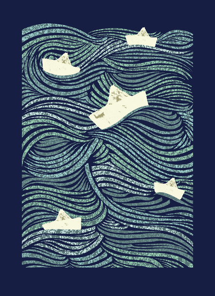 χαρτί σκάφη να πλέουν θαλασσοταραχή κύματα - Διάνυσμα, εικόνα