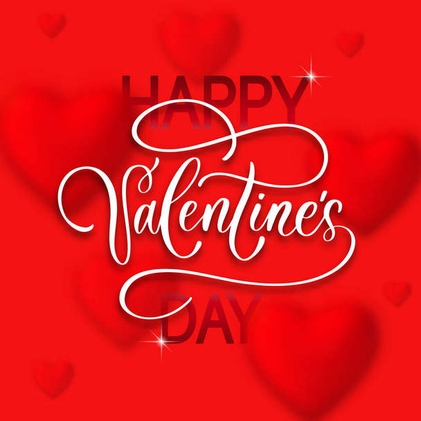 Šťastný Valentýn ručně psaný text na červeném pozadí s rozmazanými srdci. - Vektor, obrázek