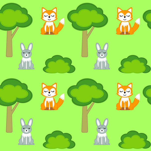 Felt toys, seamless background. A Fox, a hare, a Bush and a tree. Forest animals in their natural habitat.  - Photo, Image