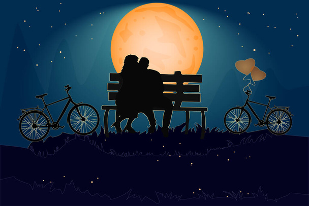 Couple sitting on a bench in the park in love atmosphere. Valentine's day card with romantic couple and bike. Happy Lovers. Romantic silhouette of loving couple in Valentines night. Be my Valentine. Stock vector illustration - Vector, Image