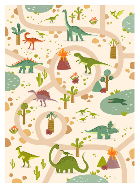 Nyomtatás. Vektor trópusi labirintus dinoszauruszokkal egy jurassic parkban. Rajzfilm dinoszauruszok. Út a Jurassic Parkban. Játék gyerekeknek. Gyerekjáték matrac. tyrannosaurus, pterodactyl, brachiosaurus, tricerathorps - Vektor, kép