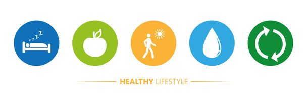 iconos de estilo de vida saludable sueño manzana yoga deporte del corazón - Vector, Imagen