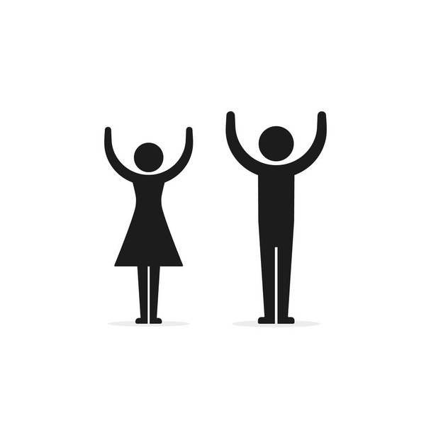 Man and woman raised two hands icon, vector simple isolated silhouette illustration. - Vector, Image