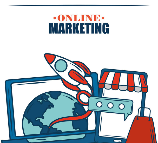 marketing laptop okostelefon online kereskedelmi startup - Vektor, kép