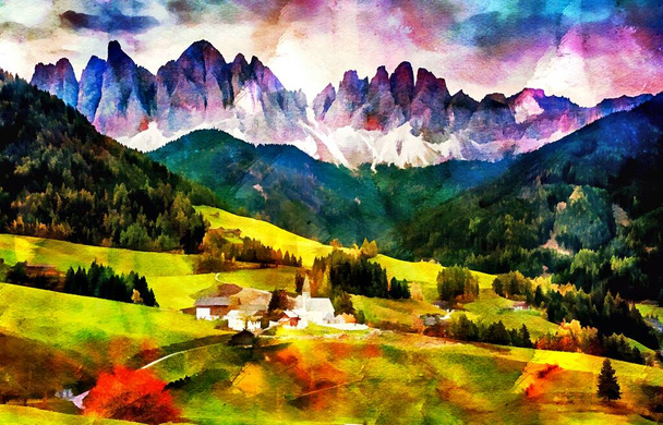 Villaggio di montagna Opere d'arte digitali colorate - Foto, immagini