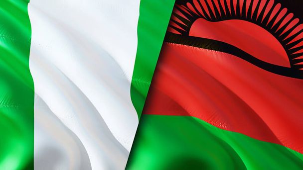 Nigeria and Malawi flags. 3D Waving flag design. Nigeria Malawi flag, picture, wallpaper. Nigeria vs Malawi image,3D rendering. Nigeria Malawi relations alliance and Trade,travel,tourism concep - Photo, Image