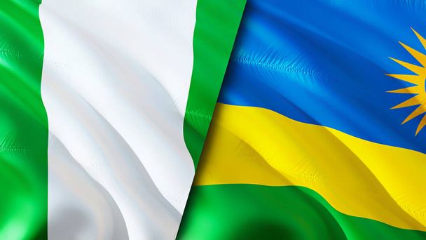 Nigeria y Ruanda banderas. Diseño de banderas 3D Waving. Nigeria Rwanda bandera, foto, fondo de pantalla. Nigeria vs Ruanda imagen, representación 3D. Nigeria Ruanda relaciones alianza y comercio, viajes, turismo cóncavo - Foto, Imagen