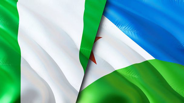 Flaggen Nigerias und Dschibutis. 3D Fahnenschwenken. Nigeria Dschibuti Flagge, Bild, Tapete. Nigeria vs Dschibuti Bild, 3D-Darstellung. Nigeria Dschibuti Beziehungen Allianz und Handel, Reisen, Tourismus - Foto, Bild