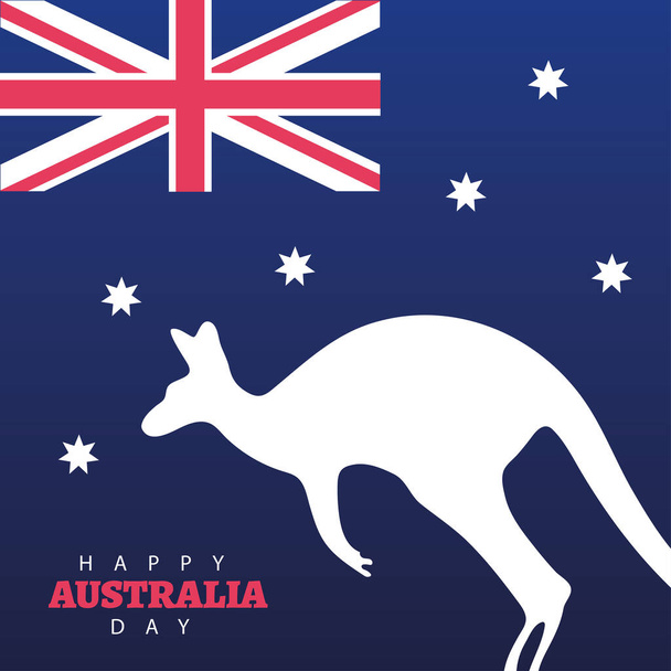 boldog ausztrál nap betű kenguru sziluett és zászló - Vektor, kép