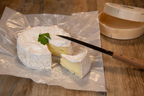 Camembert cheese on a wooden background - Fotoğraf, Görsel