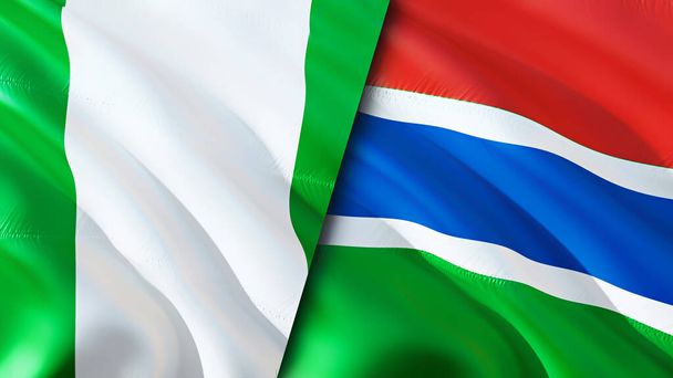 Banderas de Nigeria y Gambia. Diseño de banderas 3D Waving. Nigeria Gambia bandera, foto, fondo de pantalla. Nigeria vs Gambia imagen, representación 3D. Nigeria Gambia alianza de relaciones y comercio, viajes, turismo cóncavo - Foto, Imagen