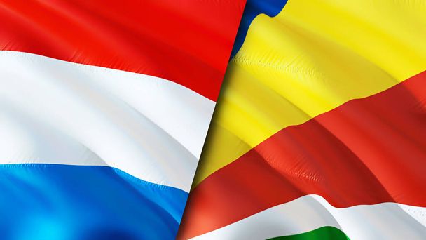 Vlaggen van Luxemburg en de Seychellen. 3D Waving vlag ontwerp. Luxemburg Seychellen vlag, foto, behang. Luxemburg vs Seychellen beeld, 3D weergave. Luxemburg - Betrekkingen met de Seychellen - Foto, afbeelding
