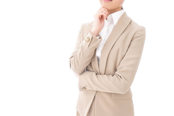 азіатська бізнес-леді думає ізольовано на білому тлі
  - Фото, зображення