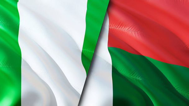 Nigeria and Madagascar flags. 3D Waving flag design. Nigeria Madagascar flag, picture, wallpaper. Nigeria vs Madagascar image,3D rendering. Nigeria Madagascar relations alliance an - Photo, Image