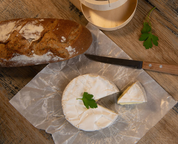 Camembert cheese on a wooden background - Photo, image
