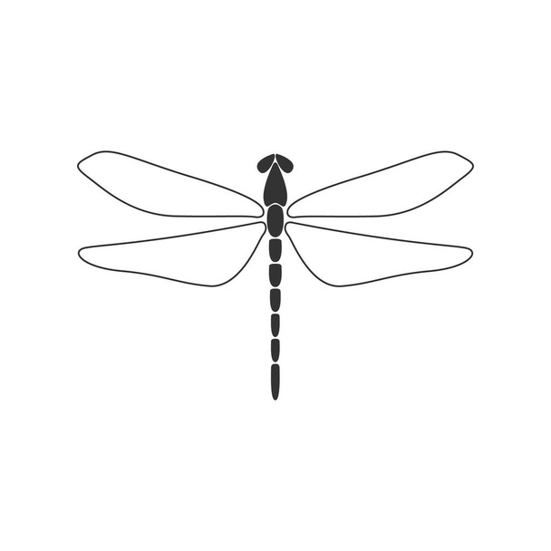 Concepto de libélula. Libélula negra con alas lineales sobre fondo blanco. Diseño plano. Icono de silueta. Ilustración vectorial - Vector, Imagen